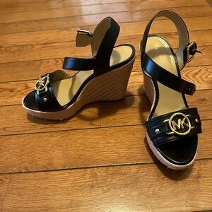 Michael Kors Rory MK Logo Wedge Espadrille Black Sandals GENTLY USED -NO BOX